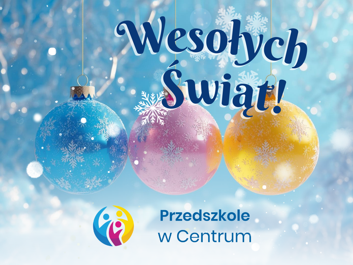 Kartka świąteczna przedstawiająca bombki w kolorze logo Przedszkola w Centrum.